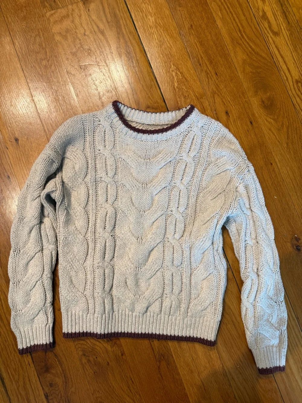 Classic Cable Knit Crewneck Sweater - Cream with Maroon Trim